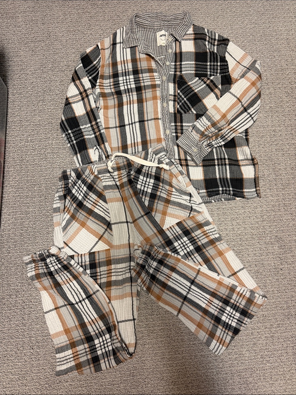 aerie Plaid Kids Pajama Set - White, Black & Brown